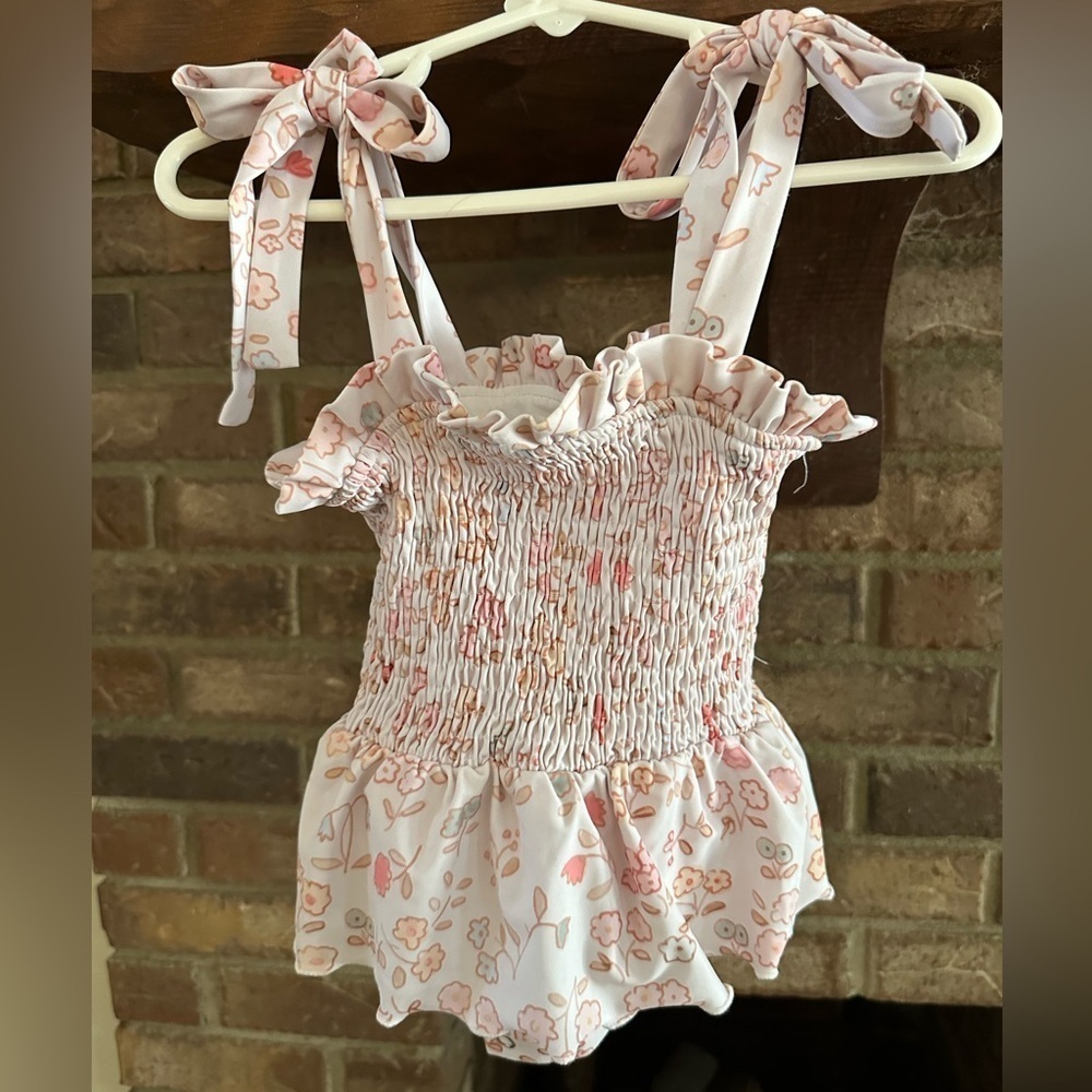 Charming Mary Smocked Floral One Piece Swimsuit Tie Shoulder Baby Girl Pink
